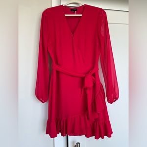 1.STATE magenta faux-wrap dress with sheer sleeves